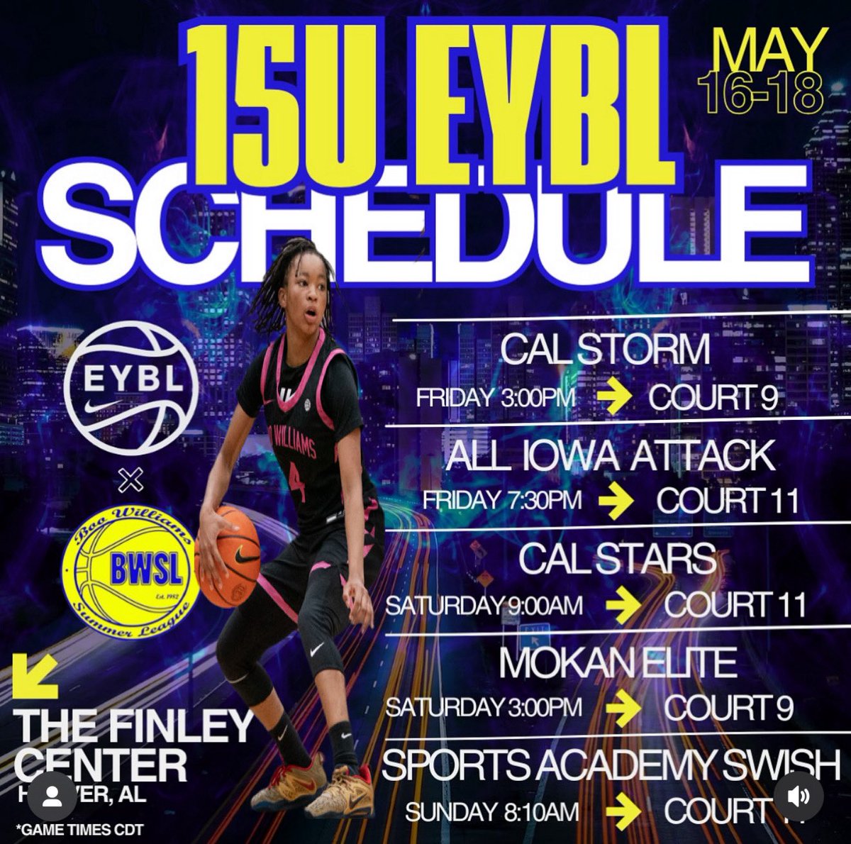 🚨 BIG WEEKEND LOADING 🚨
I’m beyond excited for this new opportunity 🙌 Come see me and my squad put in work at the Finley Center in Alabama this weekend! 🎯💪

Let’s go get it! 🏀🔥 #EYBLReady #LockedIn

#EYBL #NikeGirlsEYBL #FutureD1 #WomensBasketball #GirlsHoops #BallerAlert