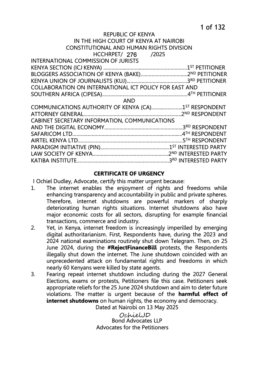 cipesaug's tweet photo. Follow the links below to read the full petition and court orders in the landmark case we’ve joined with six civil society organisations challenging Kenya’s internet shutdowns during protests and exams. Actions that violate rights to expression, information, and peaceful assembly. 
Petition: https://t.co/uwHEjrWgbo
Court Orders: https://t.co/NtVd1vUpJS
#KeepItOn #InternetFreedomAfrica #DigitalRights
@BakeKenya @katibainstitute @KUJ_Kenya @LawSocietyofKe @ParadigmHQ @ICJKenya
