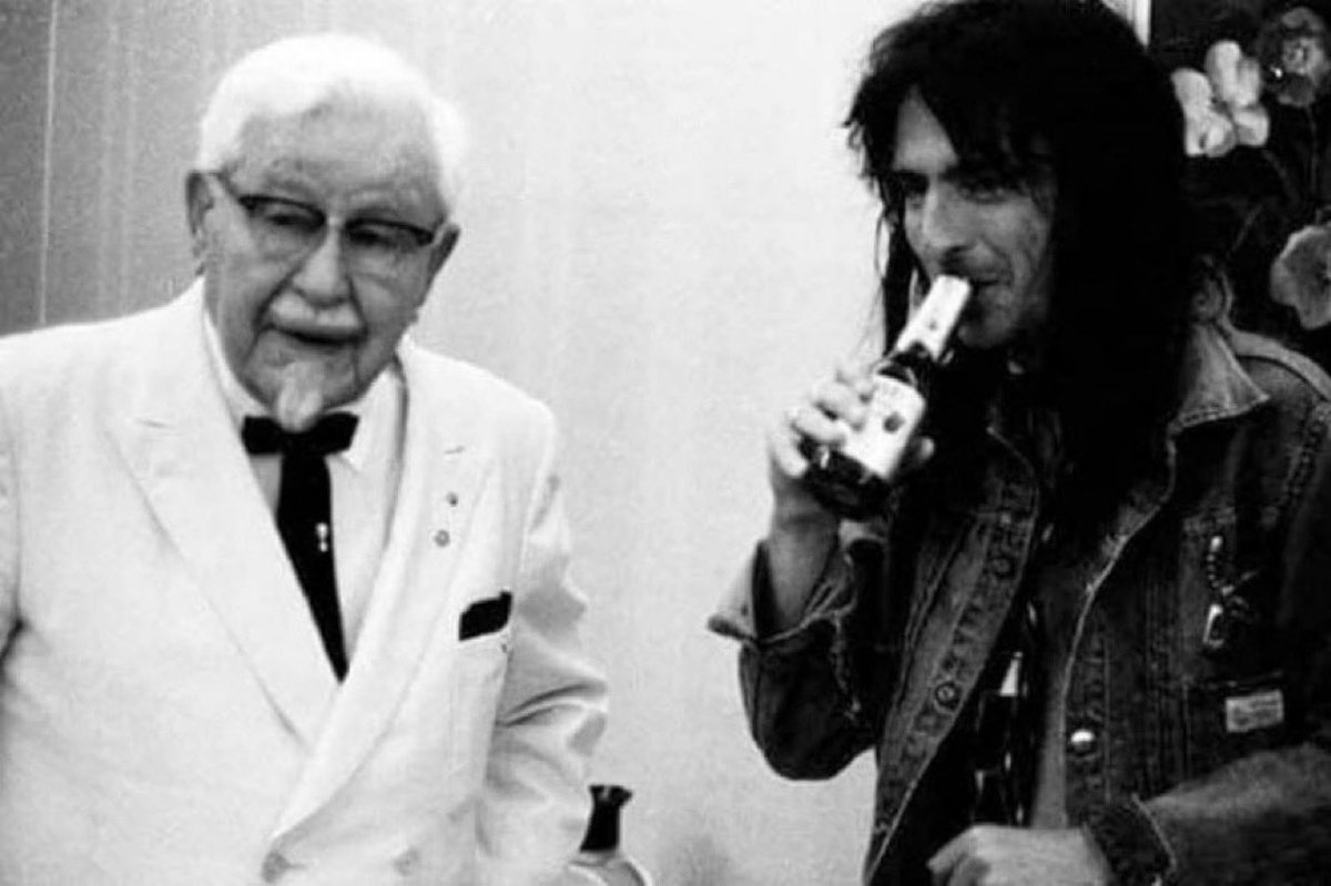 Super70sSports's tweet image. If you didn’t want to see Alice Cooper drinking a beer with Colonel Sanders today, well, you’re following the wrong guy.