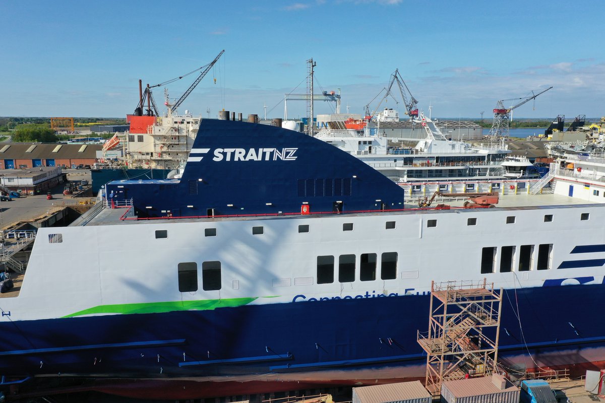NZTransitBuzz's tweet photo. #FerryNews: Bluebridge has shared images of its new ship Livia.

Livia is currently in dry dock in Denmark, where the new ferry will receive the Bluebridge livery. 

Livia is expected to join the Bluebridge fleet in August. https://t.co/HwV4sqTpuj