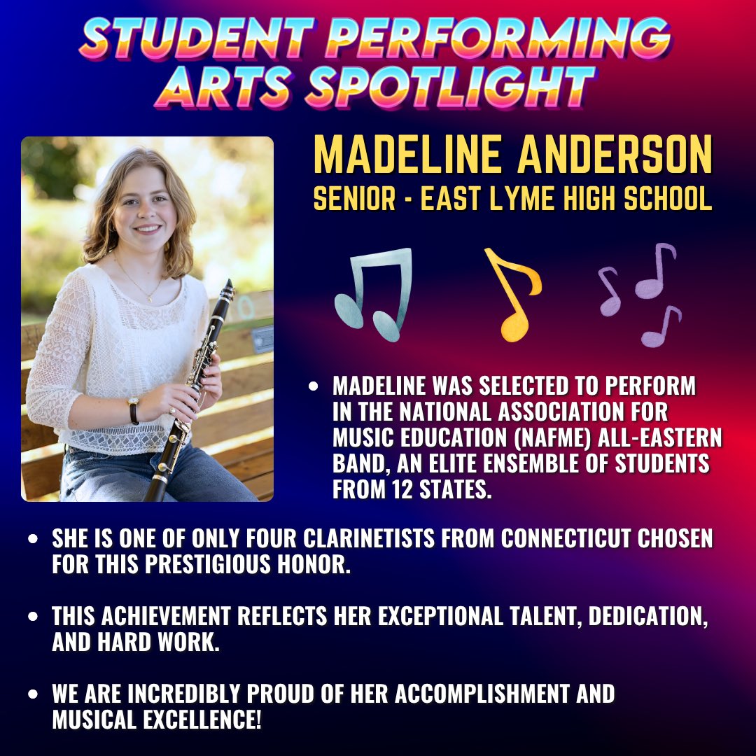 CIAC Sports (@ciacsports) on Twitter photo Join us in celebrating Madeline, who is featured as this week’s Student Performing Arts Spotlight! Madeline has been selected to perform in the prestigious NAFME All-Eastern Band, featuring top student musicians! She is one of only four clarinetists from Connecticut to earn this Join us in celebrating Madeline, who is featured as this week’s Student Performing Arts Spotlight! Madeline has been selected to perform in the prestigious NAFME All-Eastern Band, featuring top student musicians! She is one of only four clarinetists from Connecticut to earn this