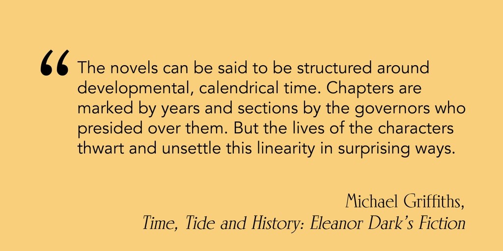 In his chapter of "Time, Tide and History", Michael Griffiths discusses the unusual conception of time in Eleanor Dark's novels. Read more: tinyurl.com/w4jzbfvh