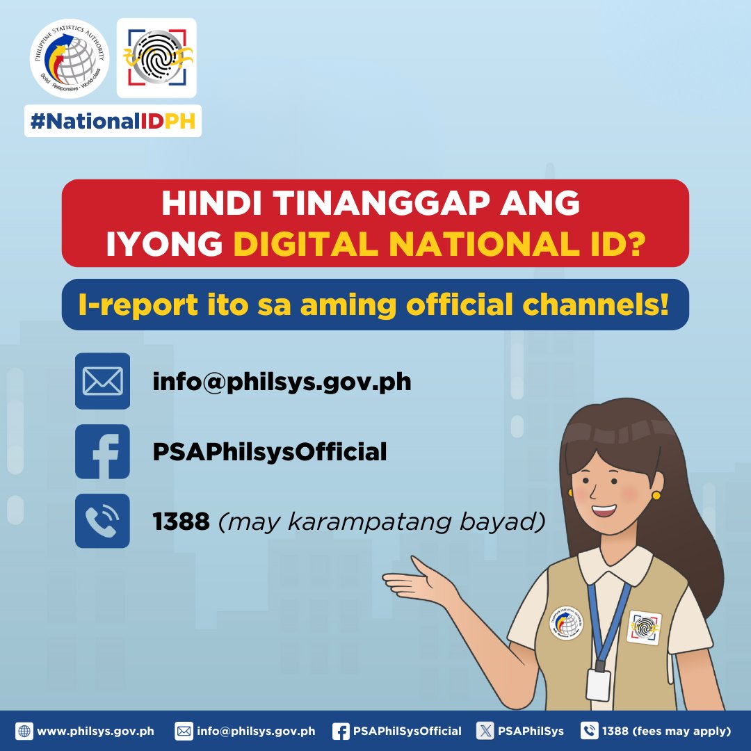 PSAPhilSys's tweet photo. 𝐇𝐢𝐧𝐝𝐢 𝐭𝐢𝐧𝐚𝐧𝐠𝐠𝐚𝐩 𝐚𝐧𝐠 𝐢𝐲𝐨𝐧𝐠 𝐃𝐢𝐠𝐢𝐭𝐚𝐥 𝐍𝐚𝐭𝐢𝐨𝐧𝐚𝐥 𝐈𝐃? 𝐈-𝐫𝐞𝐩𝐨𝐫𝐭 𝐢𝐭𝐨 𝐬𝐚 𝐚𝐦𝐢𝐧𝐠 𝐨𝐟𝐟𝐢𝐜𝐢𝐚𝐥 𝐜𝐡𝐚𝐧𝐧𝐞𝐥𝐬!

#NationalIDPH #PSA https://t.co/EA7ZfpcRKD