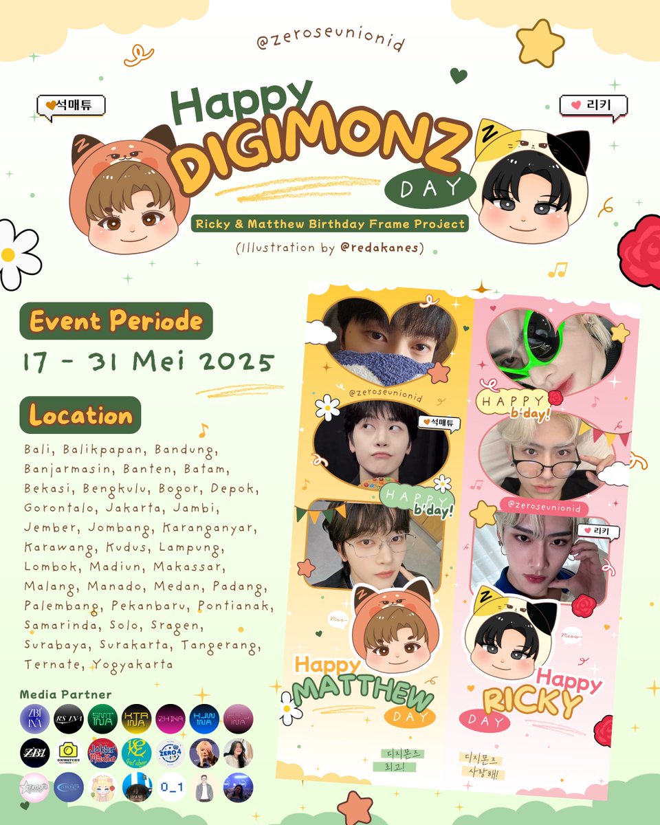 🐱❝𝐇𝐚𝐩𝐩𝐲 𝐃𝐈𝐆𝐈𝐌𝐎𝐍𝐙 𝐃𝐚𝐲!❞🦊
Ricky &amp; Matthew Birthday Frame Event by <a href="/ZeroseUnionID/">ZeroseUnionID</a>

🗓 17 - 31 Mei 2025
📍 Beberapa kota di Indonesia!
(Detail pada poster)

Ramaikan dengan #DIGIMONZDay dan tag kami di post kalian!

#ZEROBASEONE #RICKY #SEOKMATTHEW #리키 #석매튜