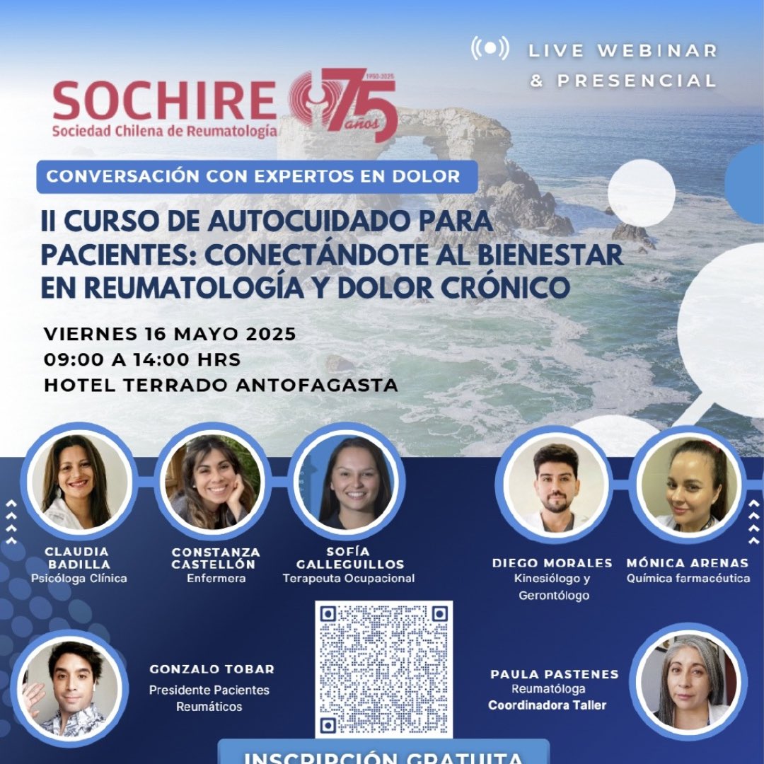 PacientesReumCL's tweet image. Si estás en la Región de Antofagasta, este viernes participa del II Curso de Autocuidado para Pacientes: conectándote al Bienestar que está realizando @sochire a través de su Filial Norte REUMANOR.

Inscríbete gratuitamente en
forms.gle/LhcoGTHtv2h8sG…