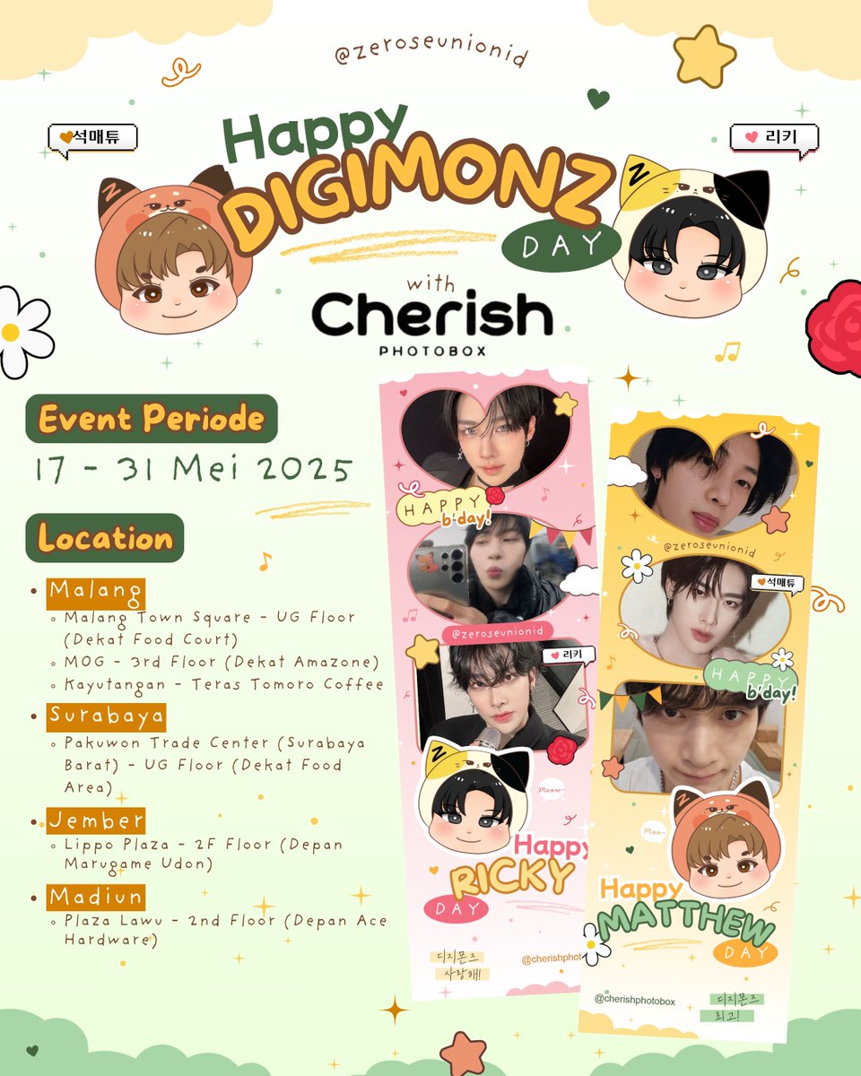 🐱❝𝐇𝐚𝐩𝐩𝐲 𝐃𝐈𝐆𝐈𝐌𝐎𝐍𝐙 𝐃𝐚𝐲!❞🦊
Ricky &amp; Matthew Birthday Frame Event by <a href="/ZeroseUnionID/">ZeroseUnionID</a> 
with Cherish Photobox

🗓 17 - 31 Mei 2025
📍Malang
📍Surabaya
📍Madiun
📍Jember

#ZEROBASEONE #RICKY #SEOKMATTHEW #리키 #석매튜