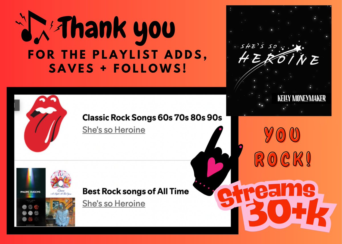 kellymoneymaker's tweet image. Massive gratitude for your support! We've reached 30+K and it's all because of YOU!!!!! XXX
Huge thanks to Classic Rock Songs 60s 70s 80s 90s AND Best Rock Songs of All Time for adding us to their awesome playlists!!!!
Spotify:open.spotify.com/track/4kNSI6d3…
Playlists:…