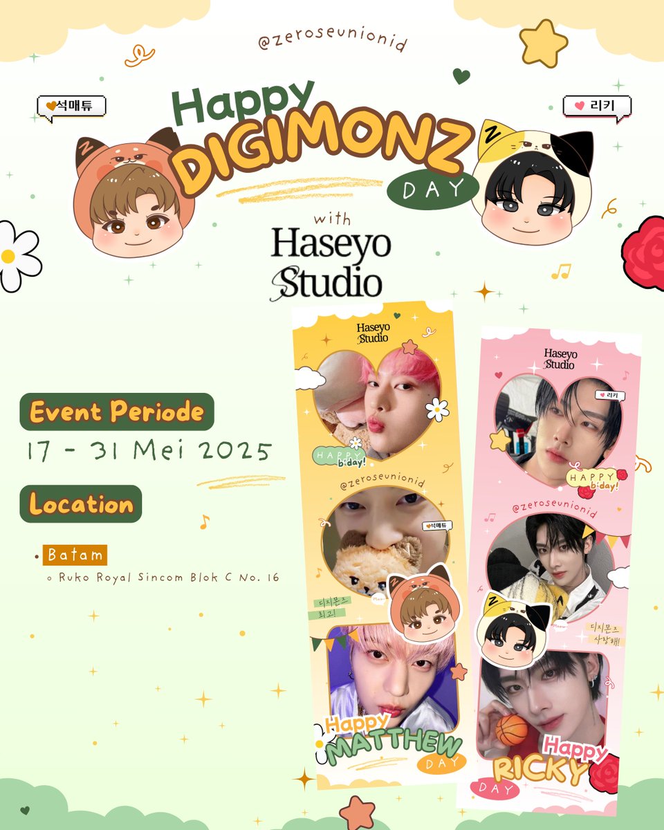 🐱❝𝐇𝐚𝐩𝐩𝐲 𝐃𝐈𝐆𝐈𝐌𝐎𝐍𝐙 𝐃𝐚𝐲!❞🦊
Ricky &amp; Matthew Birthday Frame Event by <a href="/ZeroseUnionID/">ZeroseUnionID</a>
with SOOMI &amp; Haseyo Studio

🗓 17 - 31 Mei 2025
📍Batam

#ZEROBASEONE #RICKY #SEOKMATTHEW #리키 #석매튜
