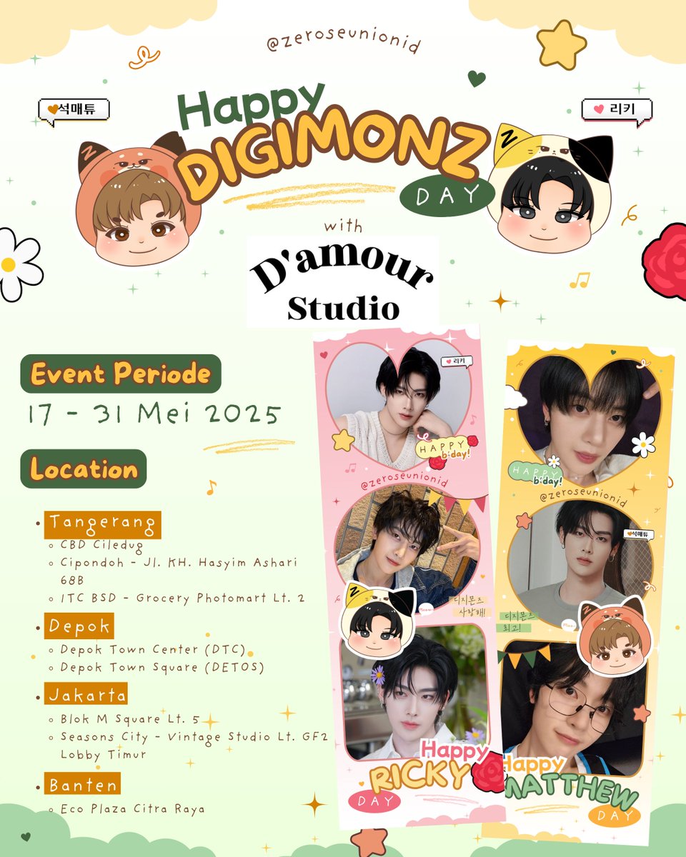 🐱❝𝐇𝐚𝐩𝐩𝐲 𝐃𝐈𝐆𝐈𝐌𝐎𝐍𝐙 𝐃𝐚𝐲!❞🦊
Ricky &amp; Matthew Birthday Frame Event by <a href="/ZeroseUnionID/">ZeroseUnionID</a>
with D'amour Studio

🗓 17 - 31 Mei 2025
📍Tangerang
📍Depok
📍Jakarta
📍Banten

#ZEROBASEONE #RICKY #SEOKMATTHEW #리키 #석매튜