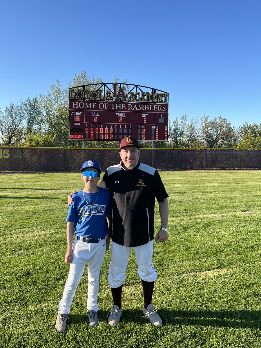 S/O to Noles Colin Berbaum &amp; family on representing Seminole Nation at the Loyola Varsity Game. Colin did a great job as the bat boy &amp; brought good luck as the Loyola Ramblers won a big game 5-2. Colin took a photo after the win with Loyola Coach Russ Gangler. #LoyolaAcademy