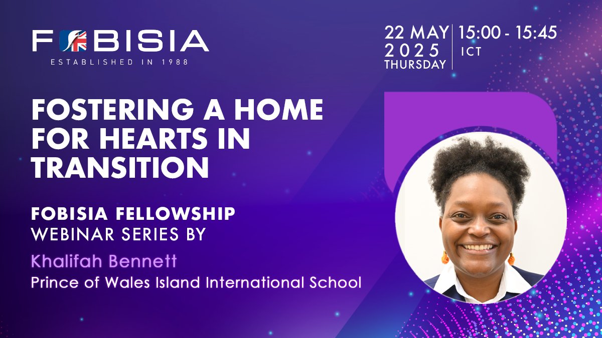 FOBISIA1's tweet image. Join the FOBISIA Fellowship Webinar Series! In this session, Khalifah Bennett from Prince of Wales Island International School will discuss 'Fostering a Home for Hearts in Transition.’ For more details and to register, please visit: bit.ly/42XeabZ