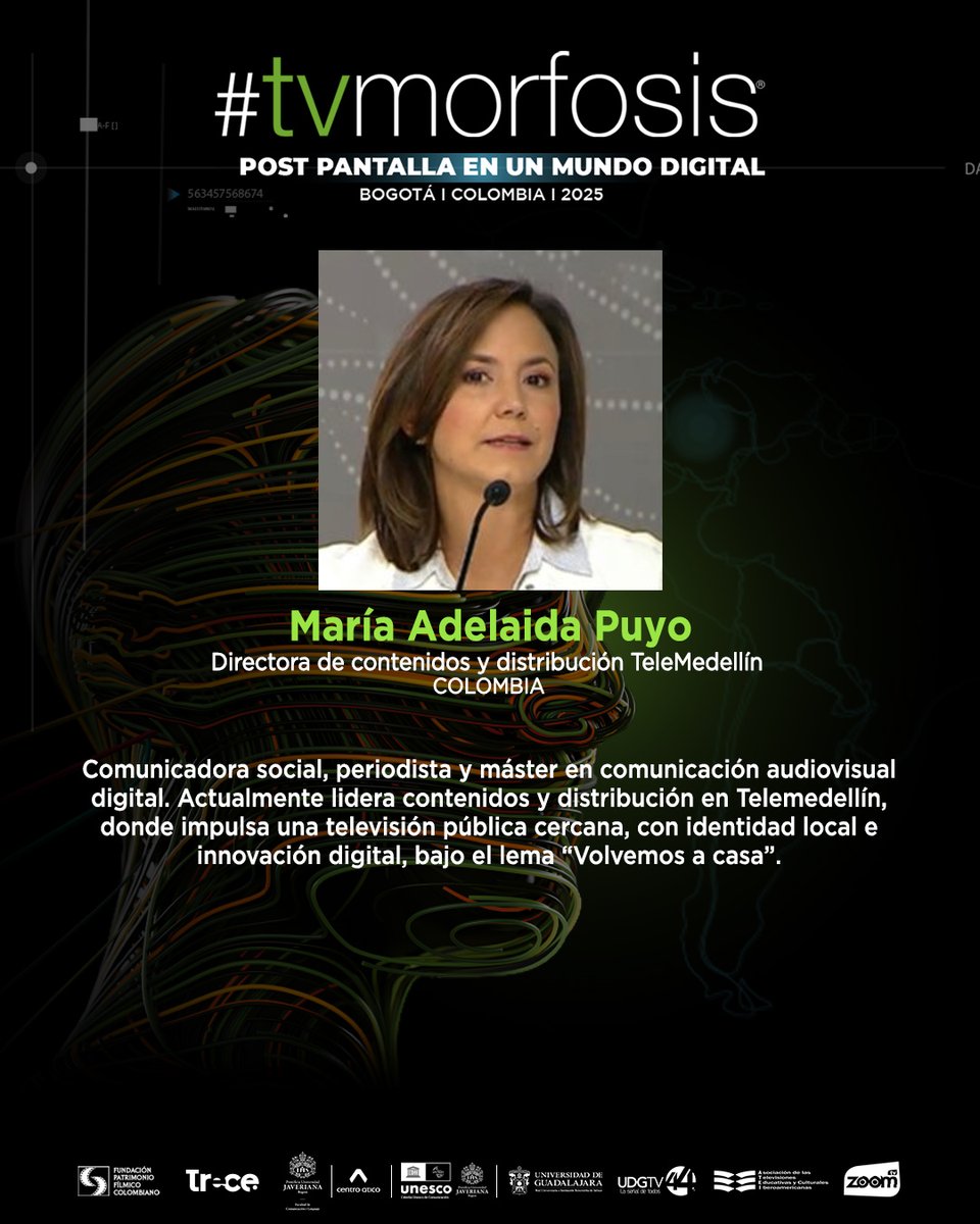 María Adelaida Puyo es directora de contenidos y distribución de TeleMedellín, donde impulsa una televisión pública con identidad local e innovación digital. 

#TVMORFOSIS Colombia 2025 🇨🇴

📅 15 y 16 mayo