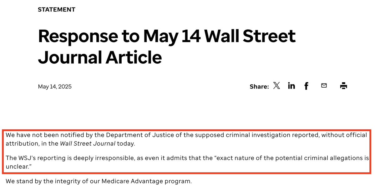 🚨 BREAKING: "UnitedHealth risponde al WSJ: 'Notizia su indagine penale è profondamente irresponsabile'"