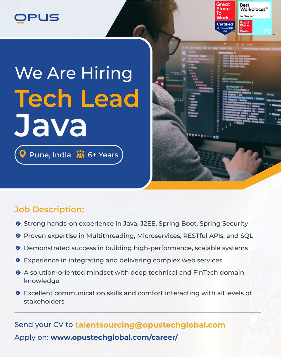 OpusTechGlobal's tweet photo. We're #hiring experienced #JavaDevelopers ๐ฉโ๐ปin #fintech.
Join a team that shapes payment systems at Opus Technologies. Shape scalable, secure, future-ready financial platforms.
๐งSend your CV to talentsourcing@opustechglobal.com
#JavaJobs #JobsAtOpus #TechCareers #FintechJobs https://t.co/Rl9ymLBz7t