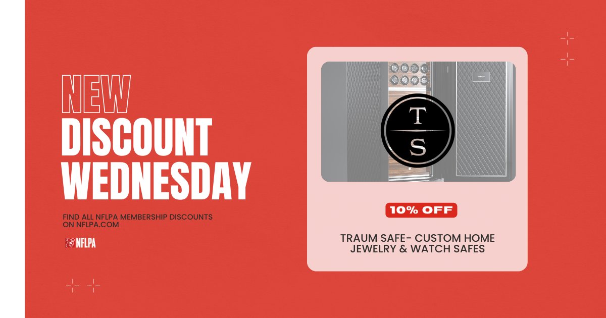 It's #discountwednesday 📢

➡Members get 10% off Traum Safe custom jewelry &amp; watch safes + a free in-home consultation

Select Discounts on NFLPA.com or the Former Players App to learn more.