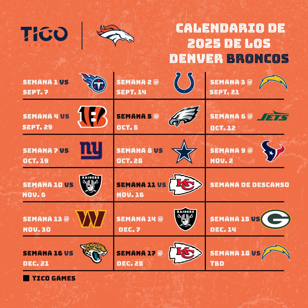 Tico Sports (@kcticosports) on Twitter photo 📣 Ya tenemos el calendario 2025 de los Broncos 🐎
¿Qué semana vas marcando ya?
<a href="/Broncos/">Denver Broncos</a>
Escucha todos los juegos en español con Tico Sports
#broncos #nfl #ticosport 📣 Ya tenemos el calendario 2025 de los Broncos 🐎
¿Qué semana vas marcando ya?
<a href="/Broncos/">Denver Broncos</a>
Escucha todos los juegos en español con Tico Sports
#broncos #nfl #ticosport