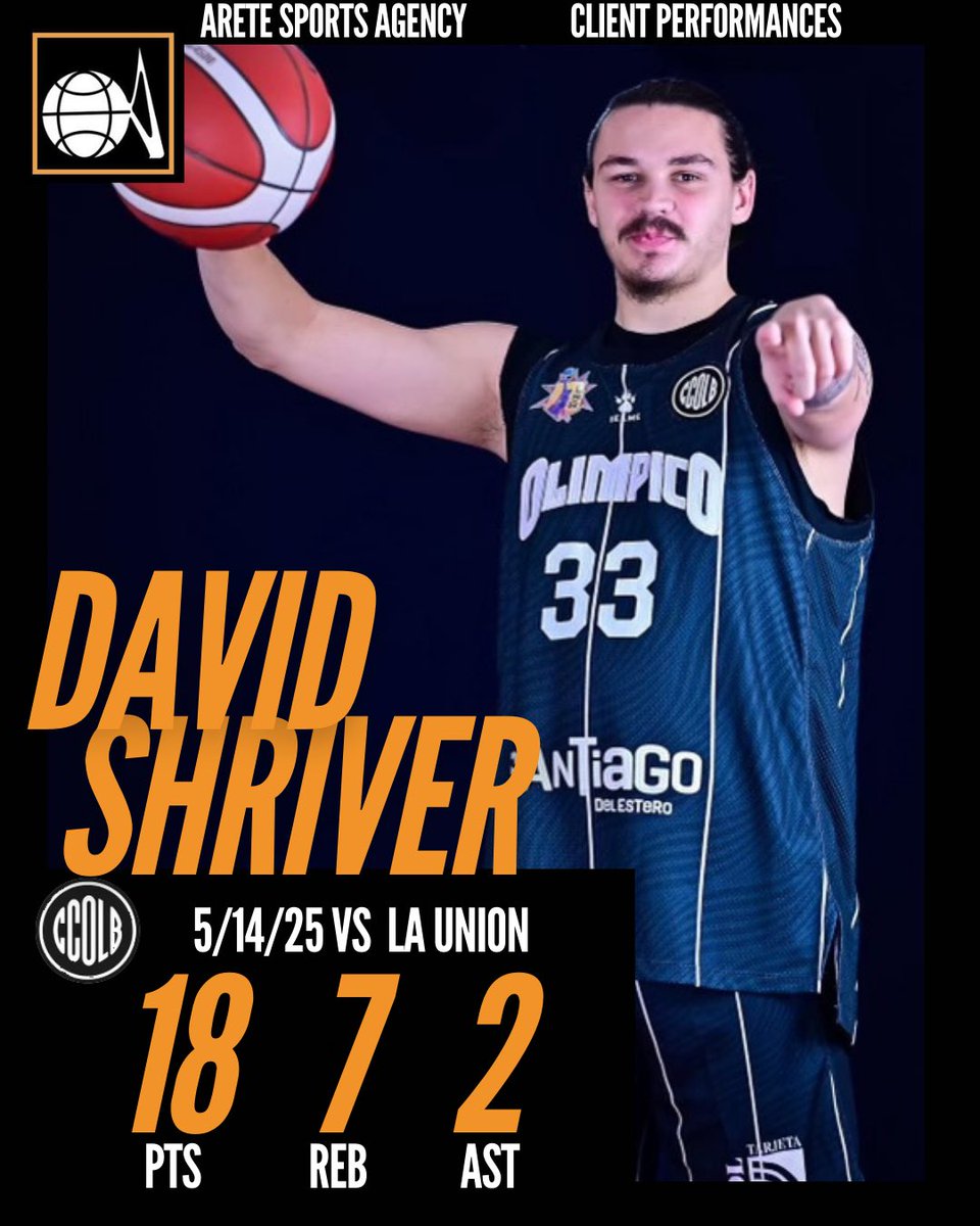 David Shriver had an impressive performance with 18 points, 7 rebounds, and 2 assists in today’s game for Olimpico. Olimpico is victorious over La Unión, 102-88.

#basketball #performance #result #arete #aretesports #aretesportsagency #areteeurope #aretefamily