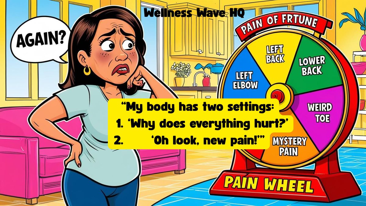 WellnessWave_HQ's tweet image. Anyone else living on the “Pain of Fortune” wheel?
🌀 Today’s prize: left back and mystery pain!
💬 If you know the spin struggle, drop a 🧠.
#ChronicPainHumor #SpoonieLife