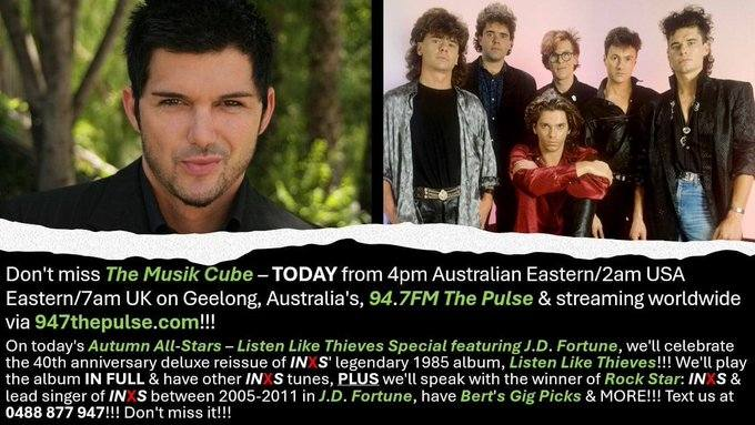 yarn22's tweet photo. #TheMusikCube live TODAY @ 4pm Aussie Eastern/2am USA Eastern/7am UK on @947ThePulse, https://t.co/WSoGPtqy7c & via the #CommunityRadioPlus & @TuneIn apps! #AutumnAllStars - #ListenLikeThieves special featuring
@ItsJDFortune. An @INXS extravaganza, including #JDFortune interview! https://t.co/U4uLj8yXyS