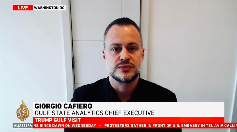GulfStateAnalyt's tweet image. Our CEO @GiorgioCafiero recently appeared on @ABCaustralia, @AJEnglish, and @DeutscheWelle to discuss Trump’s Gulf tour.