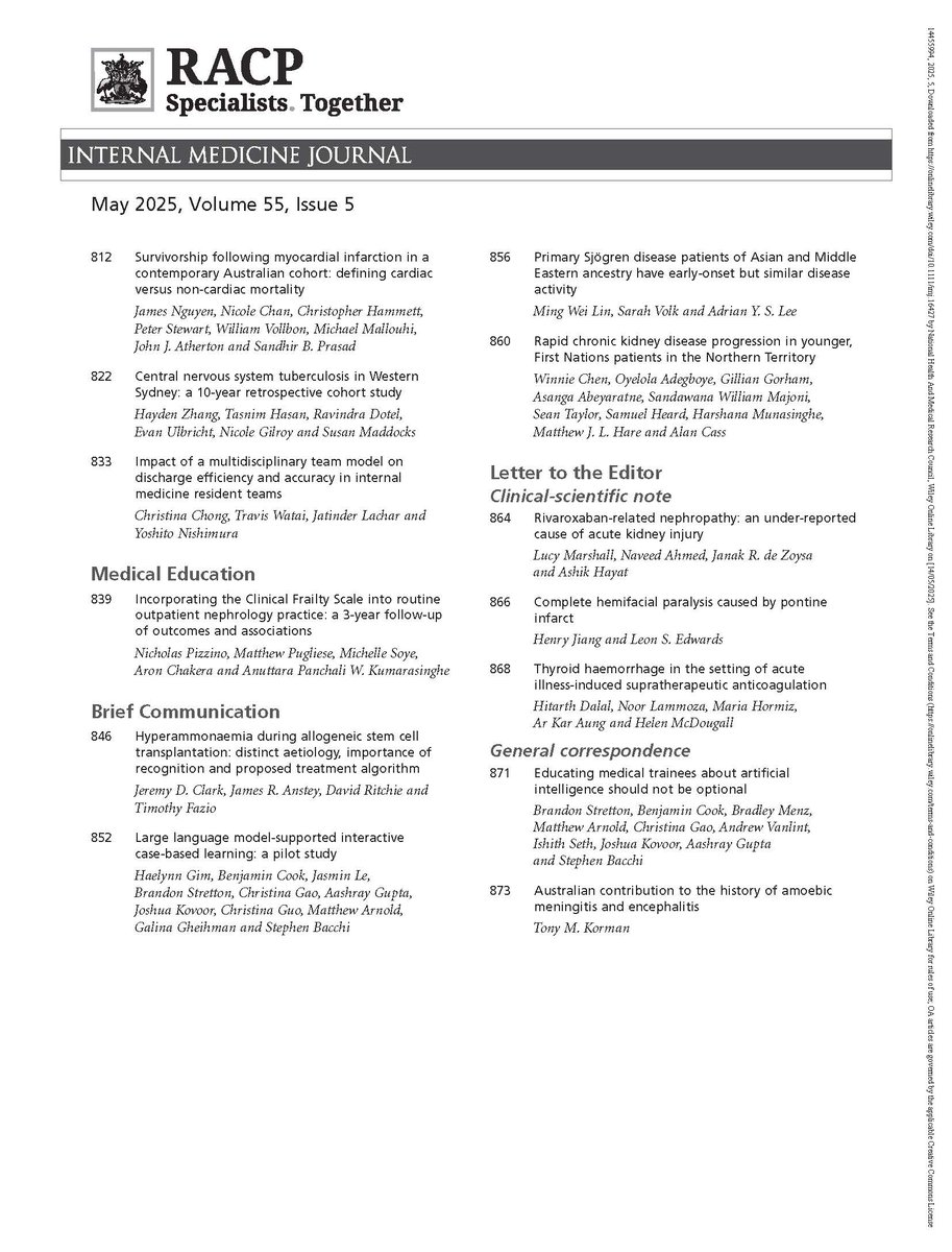 The IMJ (@the_imj) on Twitter photo IMJ May (Vol 55, Iss 5) is now online
bit.ly/4iVn7XW
<a href="/PaulBridgmanMD/">Paul BridgmanMD</a> <a href="/TheRACP/">The Royal Australasian College of Physicians</a> <a href="/WileyHealth/">Wiley Clinical Health</a> <a href="/AndrewMallett8/">Prof Andrew Mallett</a> <a href="/DanSteinfort/">Daniel Steinfort</a> <a href="/Russeldm/">David russell</a> <a href="/ianjohnwoolley2/">@ianjohnwoolley2</a> @drobeirne <a href="/inglisjosh/">Josh Inglis</a> <a href="/les_sheffield/">Les Sheffield</a> <a href="/pkomesar/">Paul Komesaroff</a> <a href="/Badves/">Sunil Badve</a> <a href="/szetinglee1/">Sze Ting Lee</a> <a href="/VenessaTsang/">Venessa Tsang</a> <a href="/YvonneBonomo/">Yvonne Bonomo</a> <a href="/marrow/">Jeff Szer</a> IMJ May (Vol 55, Iss 5) is now online
bit.ly/4iVn7XW
<a href="/PaulBridgmanMD/">Paul BridgmanMD</a> <a href="/TheRACP/">The Royal Australasian College of Physicians</a> <a href="/WileyHealth/">Wiley Clinical Health</a> <a href="/AndrewMallett8/">Prof Andrew Mallett</a> <a href="/DanSteinfort/">Daniel Steinfort</a> <a href="/Russeldm/">David russell</a> <a href="/ianjohnwoolley2/">@ianjohnwoolley2</a> @drobeirne <a href="/inglisjosh/">Josh Inglis</a> <a href="/les_sheffield/">Les Sheffield</a> <a href="/pkomesar/">Paul Komesaroff</a> <a href="/Badves/">Sunil Badve</a> <a href="/szetinglee1/">Sze Ting Lee</a> <a href="/VenessaTsang/">Venessa Tsang</a> <a href="/YvonneBonomo/">Yvonne Bonomo</a> <a href="/marrow/">Jeff Szer</a>