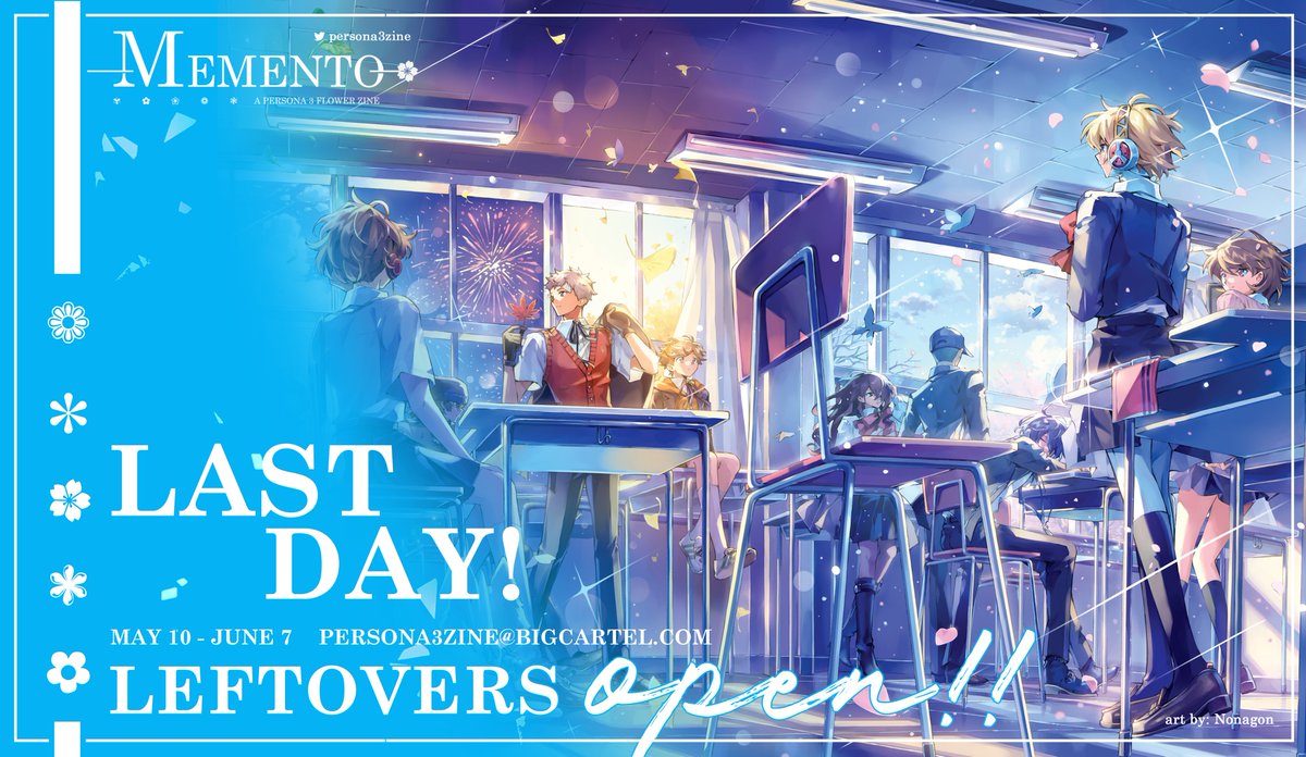 At the end of it all, Nyx embraces everyone🌕

Leftovers for MEMENTO: A Persona3 Flower Zine close on June 7 at 7PM (PDT/GMT-7)!