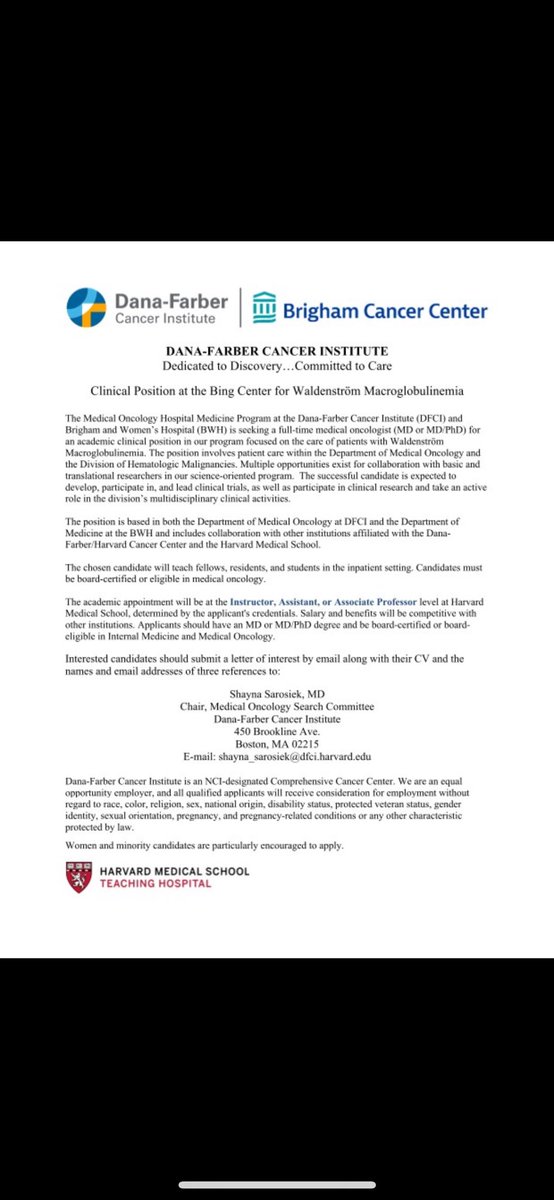 Alberto Güijosa, MD (@alberto_guijosa) on Twitter photo The Waldenström’s clinic <a href="/DanaFarber/">Dana-Farber</a> is hiring an MD! Having worked with this team for the past 6 months, I can say their advances in understanding and treating the disease are outstanding, paired with exceptional mentorship.
Email: shayna_sarosiek@dfci.harvard.edu to apply or The Waldenström’s clinic <a href="/DanaFarber/">Dana-Farber</a> is hiring an MD! Having worked with this team for the past 6 months, I can say their advances in understanding and treating the disease are outstanding, paired with exceptional mentorship.
Email: shayna_sarosiek@dfci.harvard.edu to apply or