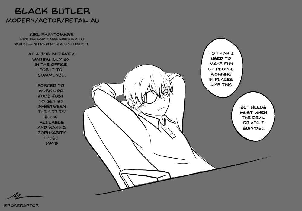 RoseRaptorArt's tweet photo. Keeping it pretty simple for now for the sake of seeing how far I get with paneling it out vs just writing it all out as a fic.
#BlackButler #Kuroshitsuji #ModernAU #ActorAU #RetailAU https://t.co/5wmTU1CkwC