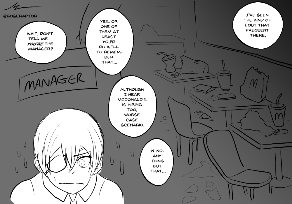 RoseRaptorArt's tweet photo. Keeping it pretty simple for now for the sake of seeing how far I get with paneling it out vs just writing it all out as a fic.
#BlackButler #Kuroshitsuji #ModernAU #ActorAU #RetailAU https://t.co/5wmTU1CkwC