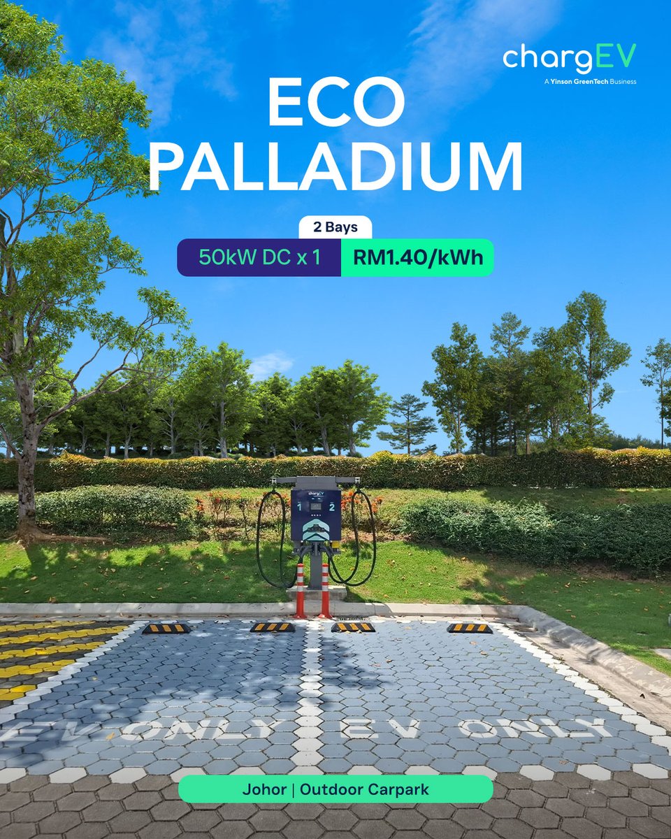 ⚡ New DC fast charger at Eco Palladium! 

We're growing our network to power your journey—enjoy a 50kW charger with 2 dedicated bays while you shop, dine &amp; relax. Reliable, convenient, and efficient charging awaits. 

Find it now on the chargEV app!