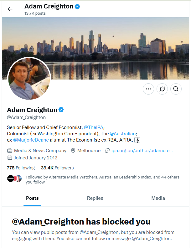 I just went to respond to some absolutely unhinged right wing dribble, and this popped up (see pic).

I had no idea that old precious from the IPA had blocked me but hey, I must be doing something right (or left)!

<a href="/independentaus/">IndependentAustralia</a> <a href="/davrosz/">Dave Donovan</a>  #conservativemediacowards