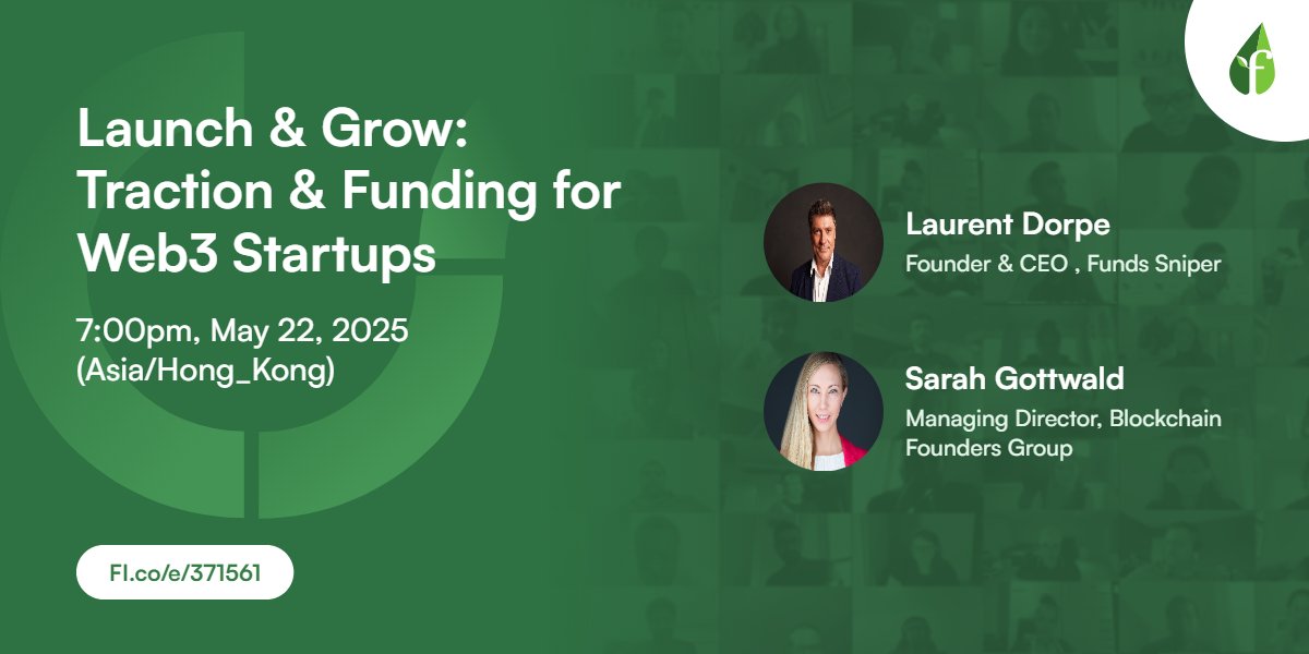 foundinghk's tweet image. Join us May 22nd for a #Web3 online event! Unveiling the FI Web3 ASEAN program @fihkweb3, partners, and mentors. 
Learn how to gain #traction and secure #funding for your startup with:
Sarah Gottwald, MD at @bcfounders 
Laurent Dorpe, CEO of Funds Sniper
lnkd.in/gn65RH7C