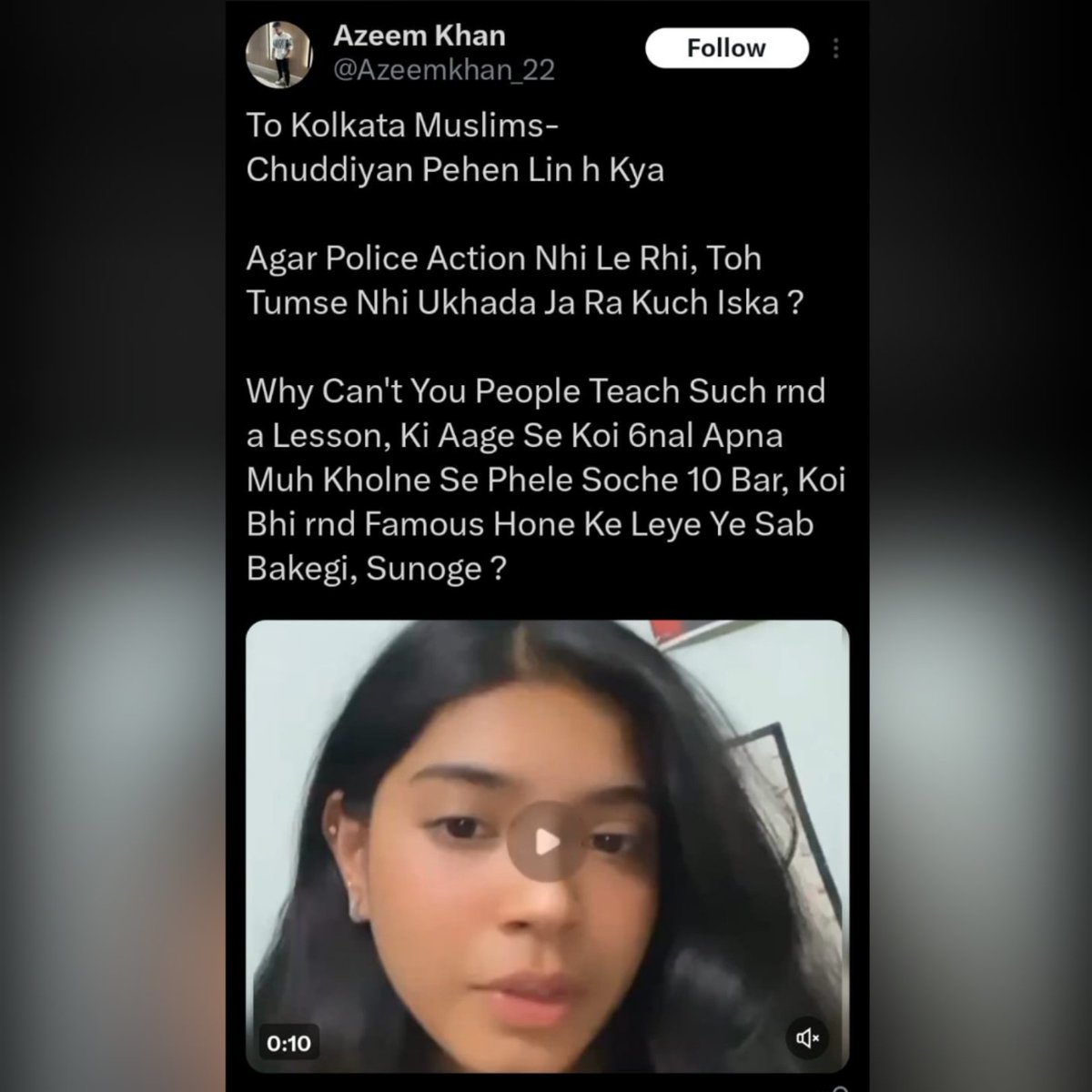 This girl has been very vocal against Pakistan since the war started. She used general teenage language with some abuses, obviously, but all of it was directed at Pakistan. She criticised bollywood "superstars" for their silence as well.

Upset Indian Islamists are now trying to