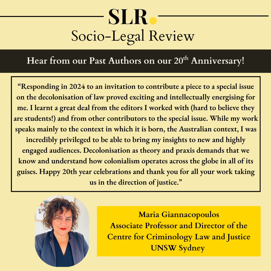 Our fourth author spotlight features Prof. Maria Giannacopoulos (UNSW Sydney), who contributed to the SLR Forum on Law and Decolonisation. She shares how conversations from Australia resonated with debates on decolonisation and law in India (4/n).