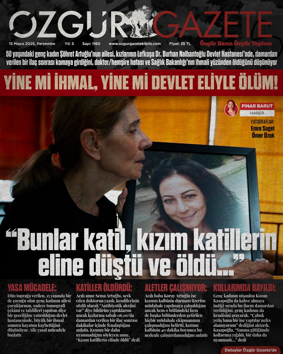 📌50 yaşındaki genç kadın Şöhret Artuğlu’nun ailesi, kızlarının Lefkoşa Dr. Burhan Nalbantoğlu Devlet Hastanesi’nde, damardan verilen bir ilaç sonrası komaya girdiğini, doktor/hemşire hatası ve Sağlık Bakanlığı’nın ihmali yüzünden öldüğünü düşünüyor

#Sağlık #Cyprus #Kıbrıs