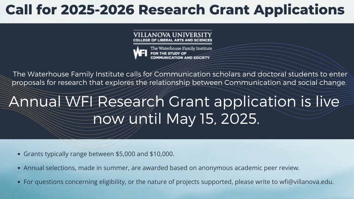 Waterhouse Family Institute (@waterhouseinst) on Twitter photo LAST CHANCE: apply for WFI's Annual Research Grant Program! Communication scholars and PhD students & candidates are welcome to apply through MAY 15, 2025: wfi.submittable.com/submit/313323/….
👁️🗨️ descriptions of previous award winning projects: www1.villanova.edu/university/lib….
<a href="/VillanovaComm/">Villanova Comm Dept</a> LAST CHANCE: apply for WFI's Annual Research Grant Program! Communication scholars and PhD students & candidates are welcome to apply through MAY 15, 2025: wfi.submittable.com/submit/313323/….
👁️🗨️ descriptions of previous award winning projects: www1.villanova.edu/university/lib….
<a href="/VillanovaComm/">Villanova Comm Dept</a>