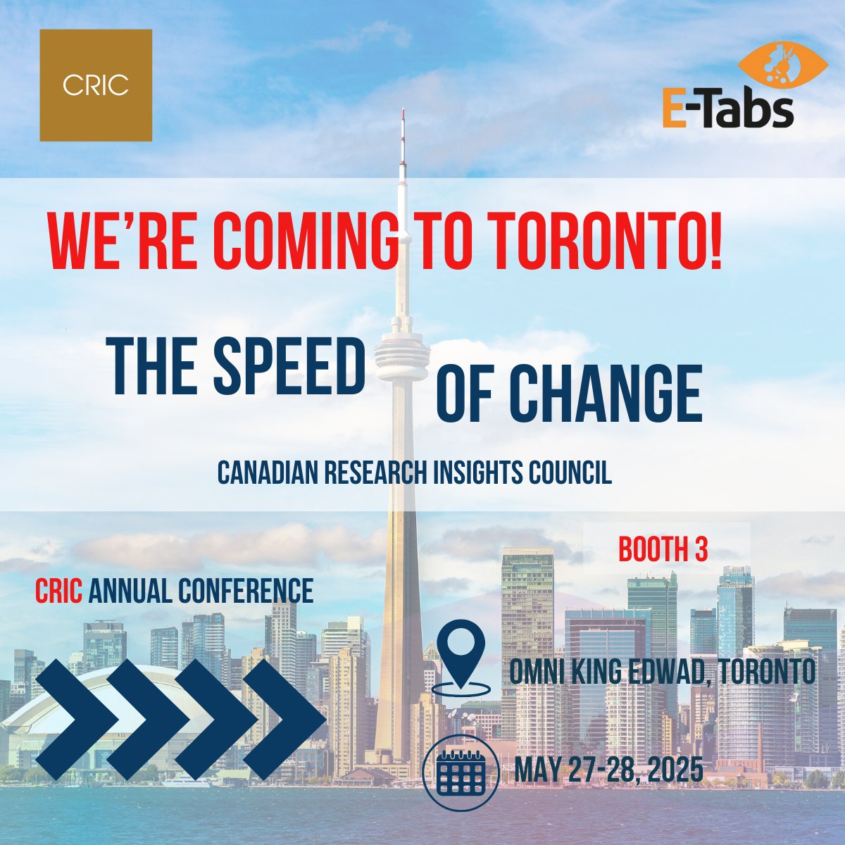 The E-Tabs Team are thrilled to be exhibiting at the Canadian Research Insights Council (CRIC) Conference: The Speed of Change 🌠
🍁 May 27–28th in Toronto!
We can’t wait to connect with the incredible Canadian research community!
#CRIC2025