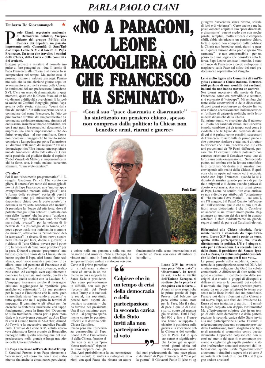 No a paragoni, Leone raccoglierà ciò che Francesco ha seminato 
Con il suo “pace disarmata e disarmante“ ha sintetizzato un pensiero chiaro, spesso non compreso dalla politica: la Chiesa non può benedire armi, riarmi e guerre 
Parla PaoloCiani, segretario nazionale di Democrazia