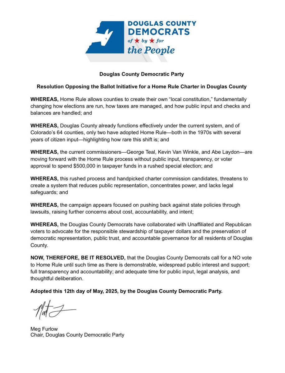 At the Executive Committee meeting on May 12th, The EC voted to formalize the party’s stance against the commissioner’s effort to move forward with home rule.

#nokings #voteno #douglascountycolorado #homerule #powergrab