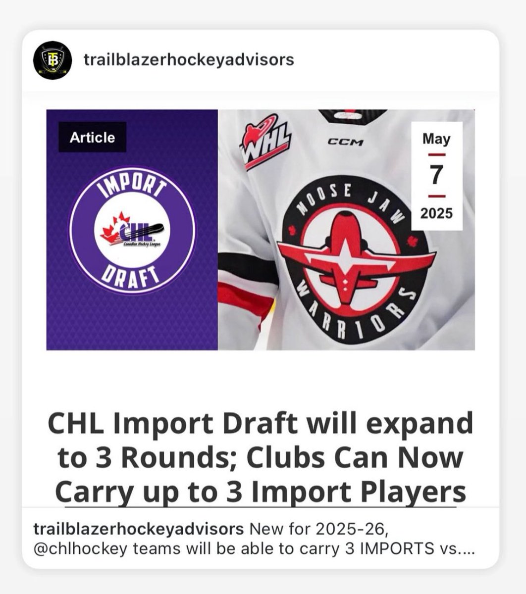 TrailBlazer Hockey Advisors (@tbhockeyadvisor) on Twitter photo New for 2025-26, <a href="/CHLHockey/">Canadian Hockey League</a> teams will be able to carry 3 IMPORTS vs. 2. The 2025 CHL Import Draft happens July 2nd.
#trailblazers
<a href="/TheWHL/">Western Hockey League</a>
<a href="/OHLHockey/">Ontario Hockey League</a>
<a href="/LHJMQ/">LHJMQ</a> New for 2025-26, <a href="/CHLHockey/">Canadian Hockey League</a> teams will be able to carry 3 IMPORTS vs. 2. The 2025 CHL Import Draft happens July 2nd.
#trailblazers
<a href="/TheWHL/">Western Hockey League</a>
<a href="/OHLHockey/">Ontario Hockey League</a>
<a href="/LHJMQ/">LHJMQ</a>