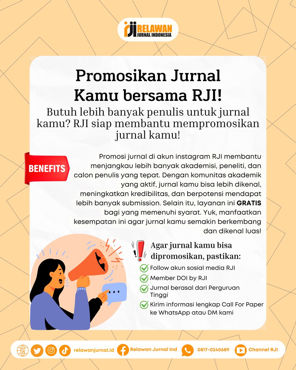 [Bingung mau promosiin jurnalmu❓]

Sini sinii, promosikan jurnalmu bersama RJI yaa‼️🤗 - cek syarat dan ketentuannya di bawah ini ya gaisss👇

#Relawanjurnalindonesia #RJI #callforpaper #CFP