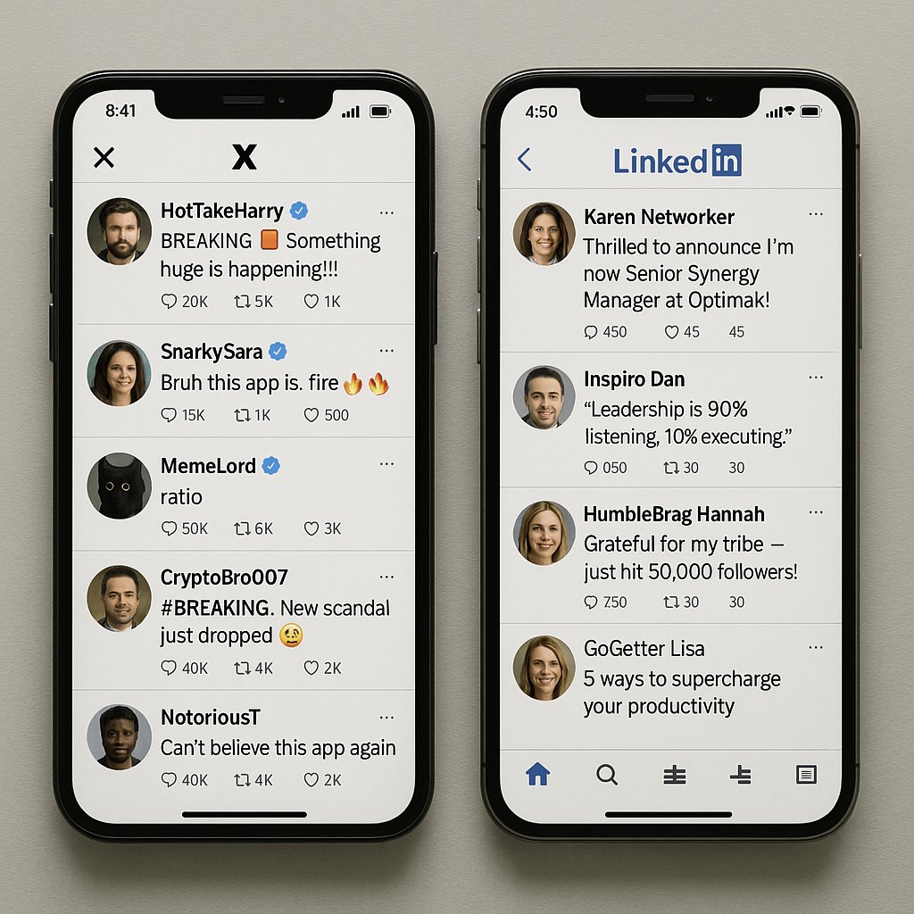 emollick's tweet image. &quot;o3, show me a photo of the most stereotypical X and LinkedIn feeds as seen on a mobile device. Really lean into it.&quot;