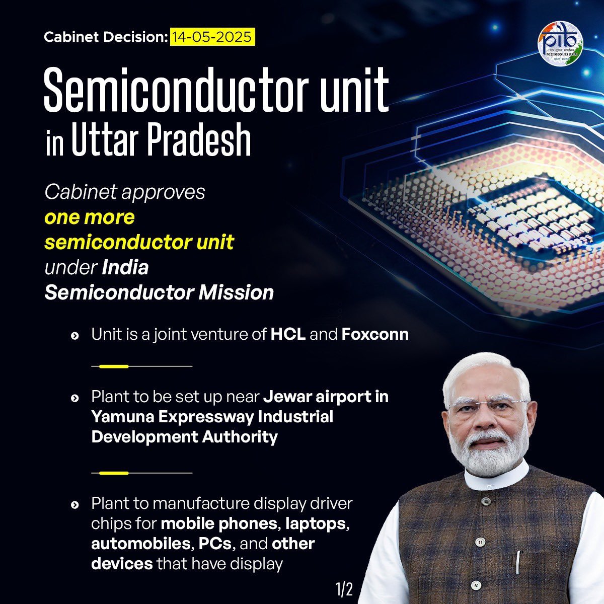 Hardeep Singh Puri (@hardeepspuri) on Twitter photo In another momentous decision by the Union Cabinet under the leadership of PM Sh <a href="/narendramodi/">Narendra Modi</a> Ji, a semiconductor unit has been approved to be set up near Jewar airport in Yamuna Expressway Industrial Development Authority in Uttar Pradesh with an investment of ₹3,700 crore. In another momentous decision by the Union Cabinet under the leadership of PM Sh <a href="/narendramodi/">Narendra Modi</a> Ji, a semiconductor unit has been approved to be set up near Jewar airport in Yamuna Expressway Industrial Development Authority in Uttar Pradesh with an investment of ₹3,700 crore.