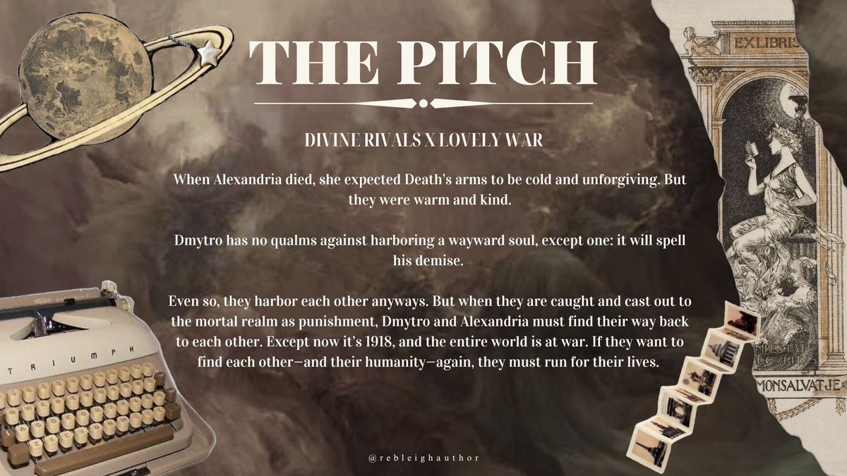 rebleighauthor's tweet image. An agent's guide to: THE WRETCHED AND THE DIVINE, my YA Historical Fantasy DIVINE RIVALS x LOVELY WAR novel.
₊✩‧₊˚౨ৎ˚₊✩‧₊
"The world is not kind to wanderers."
₊✩‧₊˚౨ৎ˚₊✩‧₊
➥ agents & editors interact if interested!!
#amquerying #mswl #agentguide #agentsguide