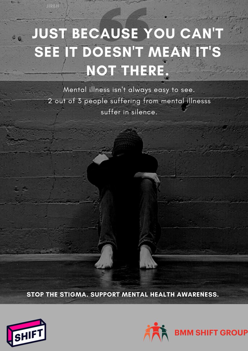 BMMShifters's tweet image. 2 out of 3 people suffering from mental illnesses sufer in silence due to the stigma that comes along with speaking out.

Just because you can't see the illness doesn't mean someone is okay.

#MentalHealthAwarenessMonth
#shiftnow #BMMPAPER 

@savechildrenug @STFUganda  @YAHI_UG