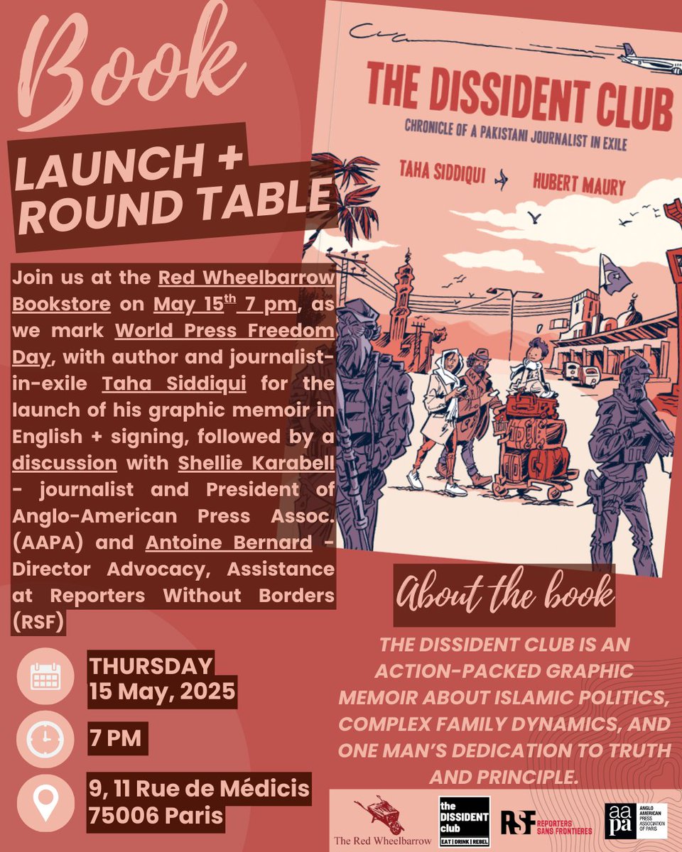 the DISSIDENT club (@clubdissident) on Twitter photo đŁ #ANNOUNCEMENT Today at the Red Wheelbarrow Bookstore in Paris.
The autobiography of <a href="/TahaSSiddiqui/">Taha Siddiqui</a> : the Dissident Club (English version) to launch + signing + roundtable!
Event starts at 7 pm.
Address: 9, 11 Rue de Médicis, 75006 Paris.
Hope to see friends there!!! đŁ #ANNOUNCEMENT Today at the Red Wheelbarrow Bookstore in Paris.
The autobiography of <a href="/TahaSSiddiqui/">Taha Siddiqui</a> : the Dissident Club (English version) to launch + signing + roundtable!
Event starts at 7 pm.
Address: 9, 11 Rue de Médicis, 75006 Paris.
Hope to see friends there!!!