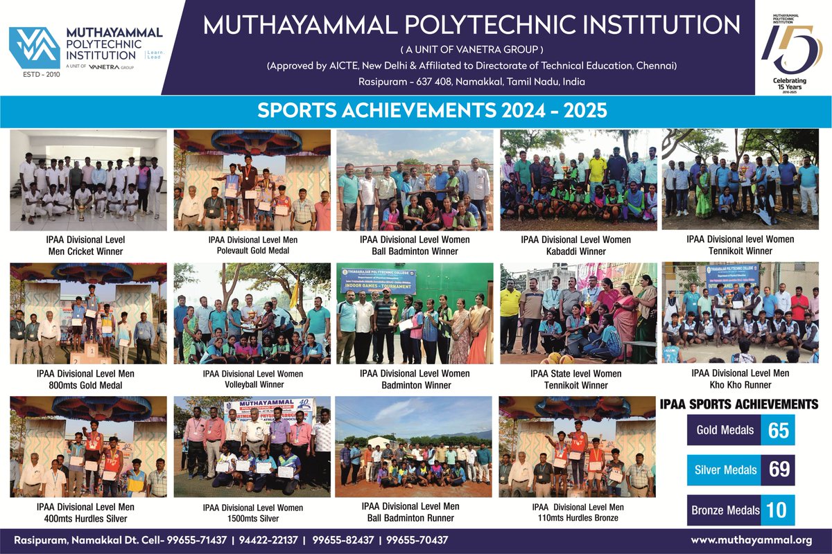 VanetraMuthaya2's tweet image. 🏆🔥Admissions Open – 2025–26
Muthayammal Polytechnic Institution

🏅Champions On &amp;amp; Off the Field!
Proud IPAA Achievements:
🥇65 Gold Medals
🥈69 Silver Medals
🥉10 Bronze Medals

#MuthayammalPolytechnic #Admissions2025 #IPAAChampions #SportsAchievements #GoldStandard #vanetra