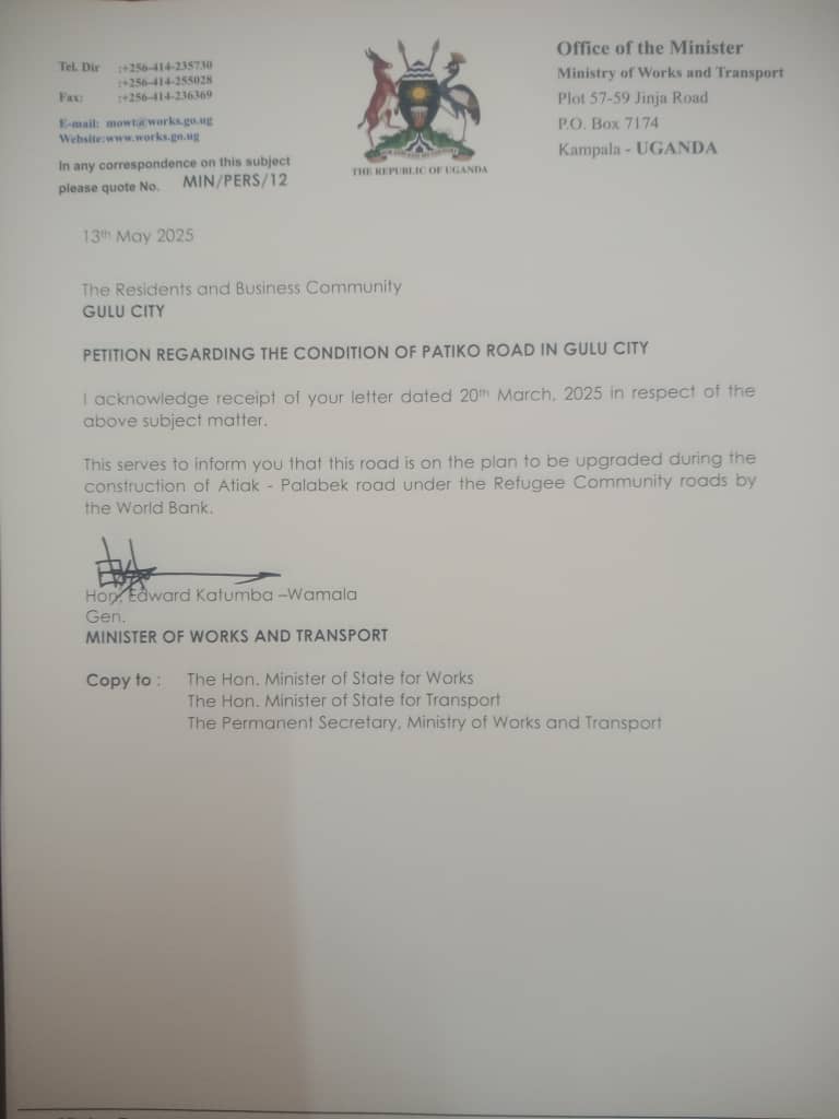 THE RESPONSE OF <a href="/MoWT_Uganda/">Ministry of Works & Transport</a> REGARDING PATIKO ROAD PETITION. WE APPRECIATE <a href="/GenWamala/">General Edward Katumba Wamala</a> &amp; team however let us experdiate the process unyama bridge is in a terrible state 
Cc: <a href="/KagutaMuseveni/">Yoweri K Museveni</a> 
Cc: <a href="/mkainerugaba/">Muhoozi Kainerugaba</a> 
Cc: <a href="/AnitahAmong/">Anita Annet Among</a>
Cc: <a href="/Thomas_Tayebwa/">Thomas Tayebwa</a>
Cc: <a href="/Mapenduzi_Ojara/">Mapenduzi</a>