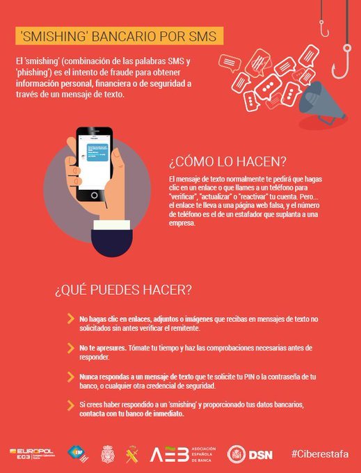 dsn's tweet image. #Smishing bancario por SMS ¿Qué es? ¿Cómo lo hacen?¿Qué puedes hacer? #Ciberseguridad #Ciberestafa @EC3Europol