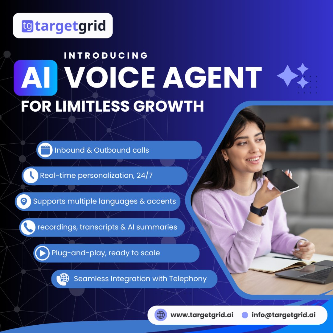 targetgrid's tweet photo. 📢 Stop trading time! Targetgrid's AI Voice Agent: books meetings, handles objections, real-time personalization, multi-lingual, recordings, AI summaries &amp; plug-n-play. Scale without headcount! 

Contact us now: info@targetgrid.ai  #AIVoice #AISales https://t.co/ggadmMrcVV